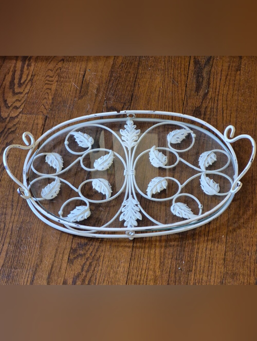 Gorgeous Ironwork Off White Metal Serving Or Display  Tray with Leaf Scrollwork
